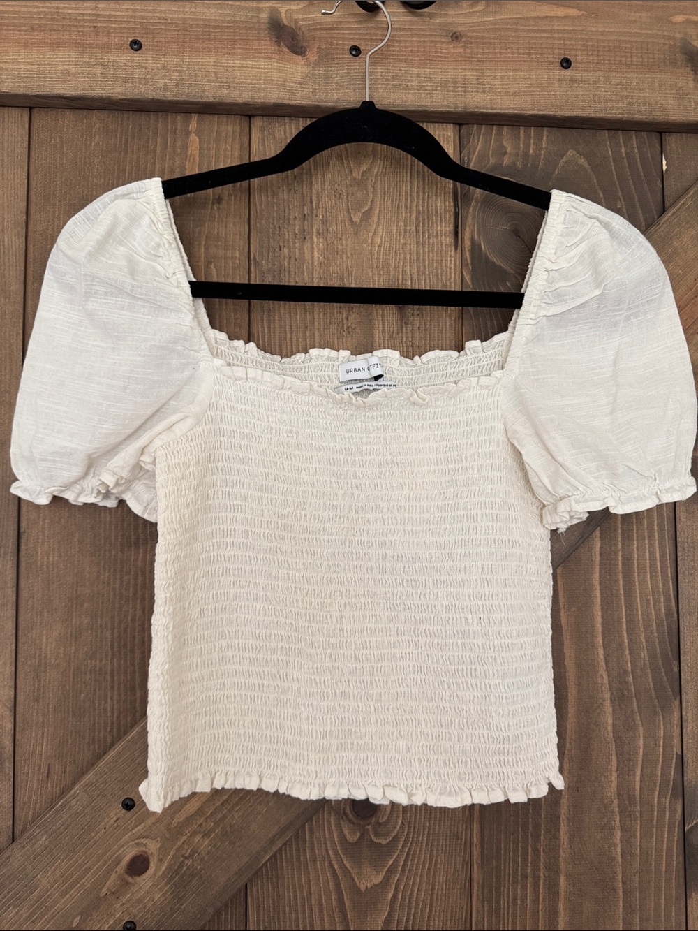 NWT Urban Outfitters Linen Cream Smocked Puff Sleeve Crop Top Size Medium